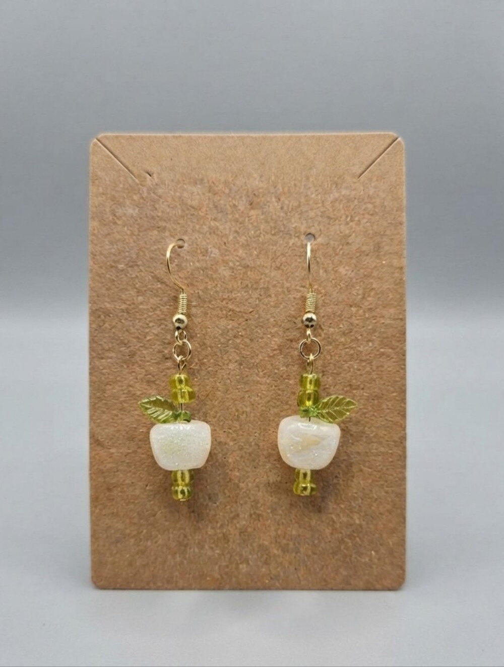 Glitter Apple Glass Dangle Earrings with Green Leaves Handmade 3 COLORS - Picture 7 of 12